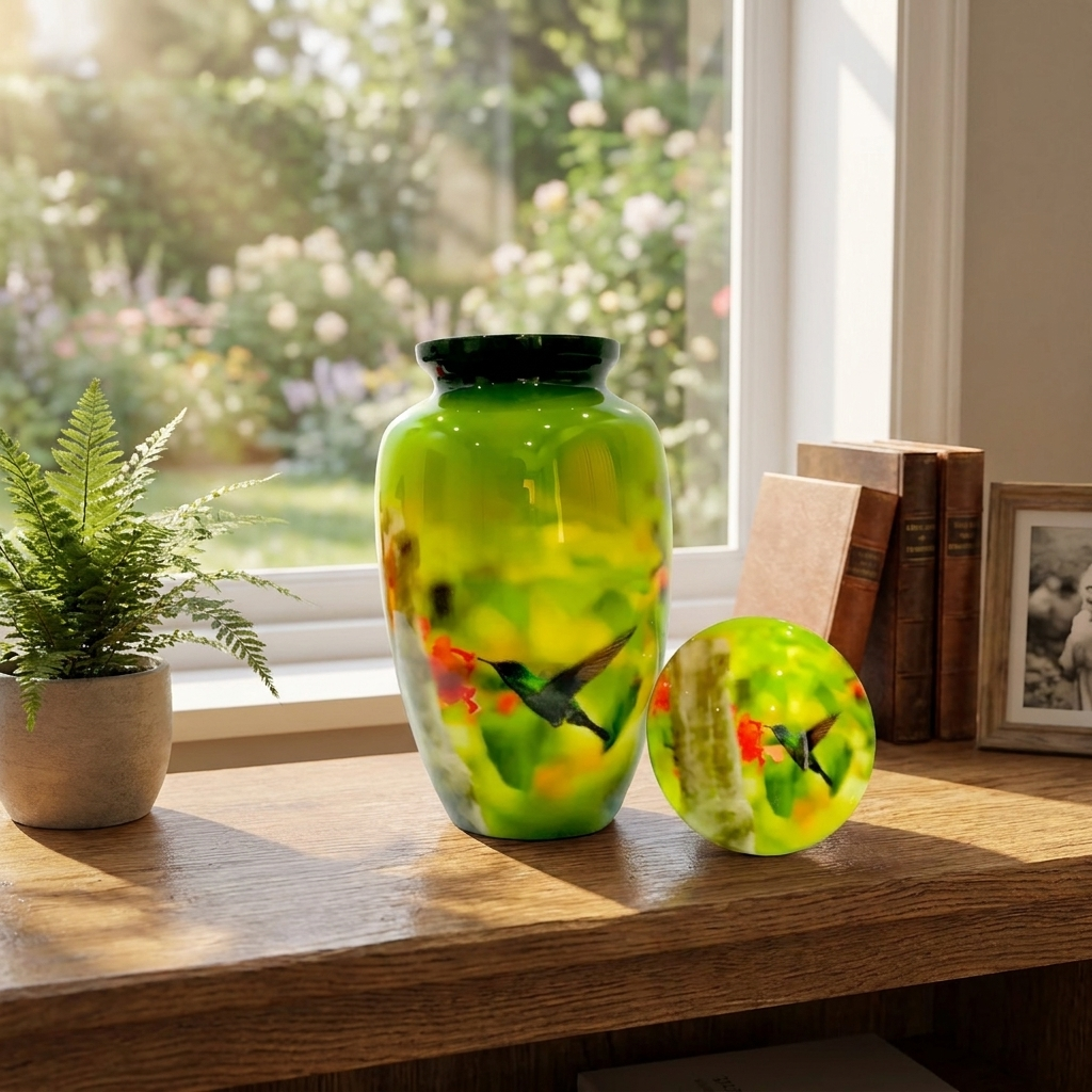 Adult Cremation Urn Hummingbird on Red Flowers in Gloss Green Finish (Product Code: NUPBT)