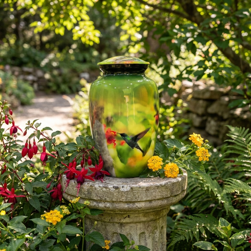Adult Cremation Urn Hummingbird on Red Flowers in Gloss Green Finish (Product Code: NUPBT)