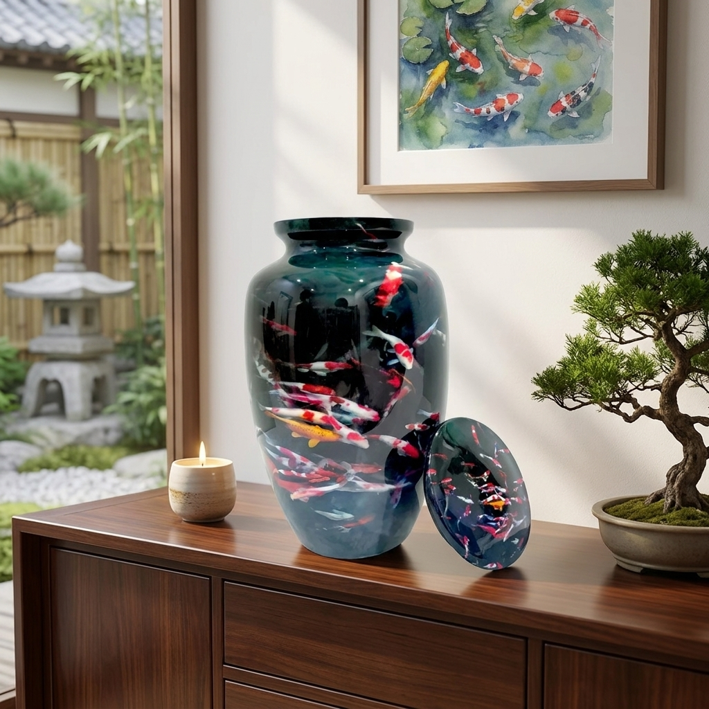 Adult Cremation Urn Koi Fish Design in Dark Gloss Finish (Product Code: NUKOIF)