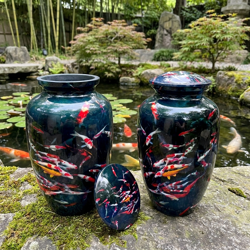 Adult Cremation Urn Koi Fish Design in Dark Gloss Finish (Product Code: NUKOIF)