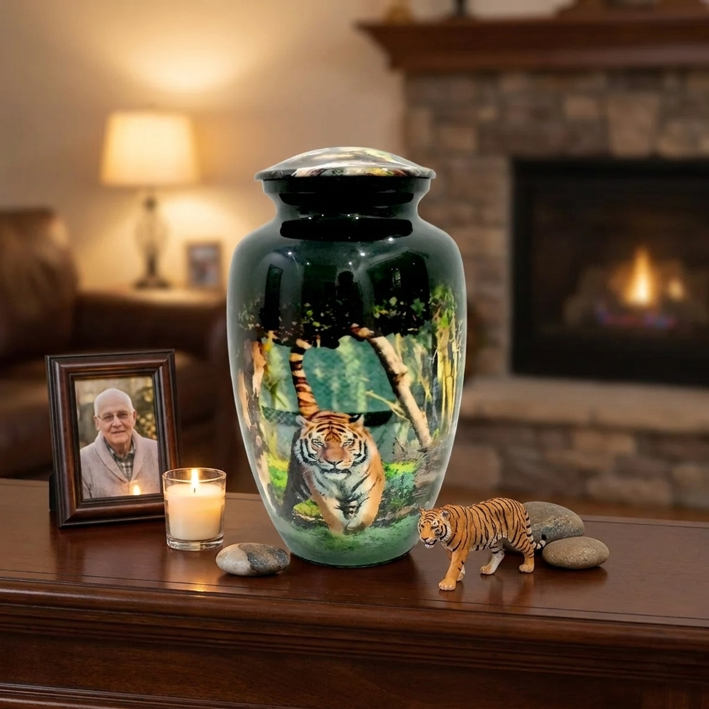 Adult Cremation Urn Majestic Tiger in Forest Design (Product Code: NUTIF)