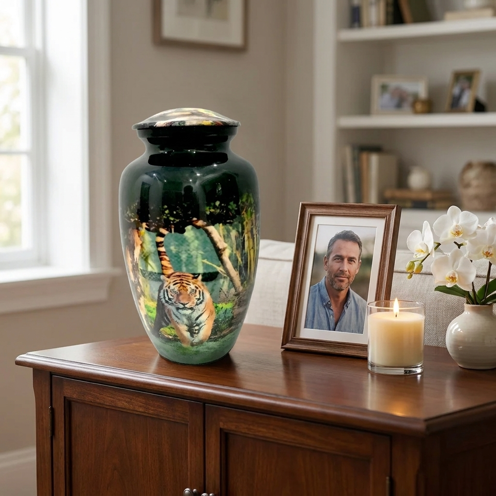 Adult Cremation Urn Majestic Tiger in Forest Design (Product Code: NUTIF)