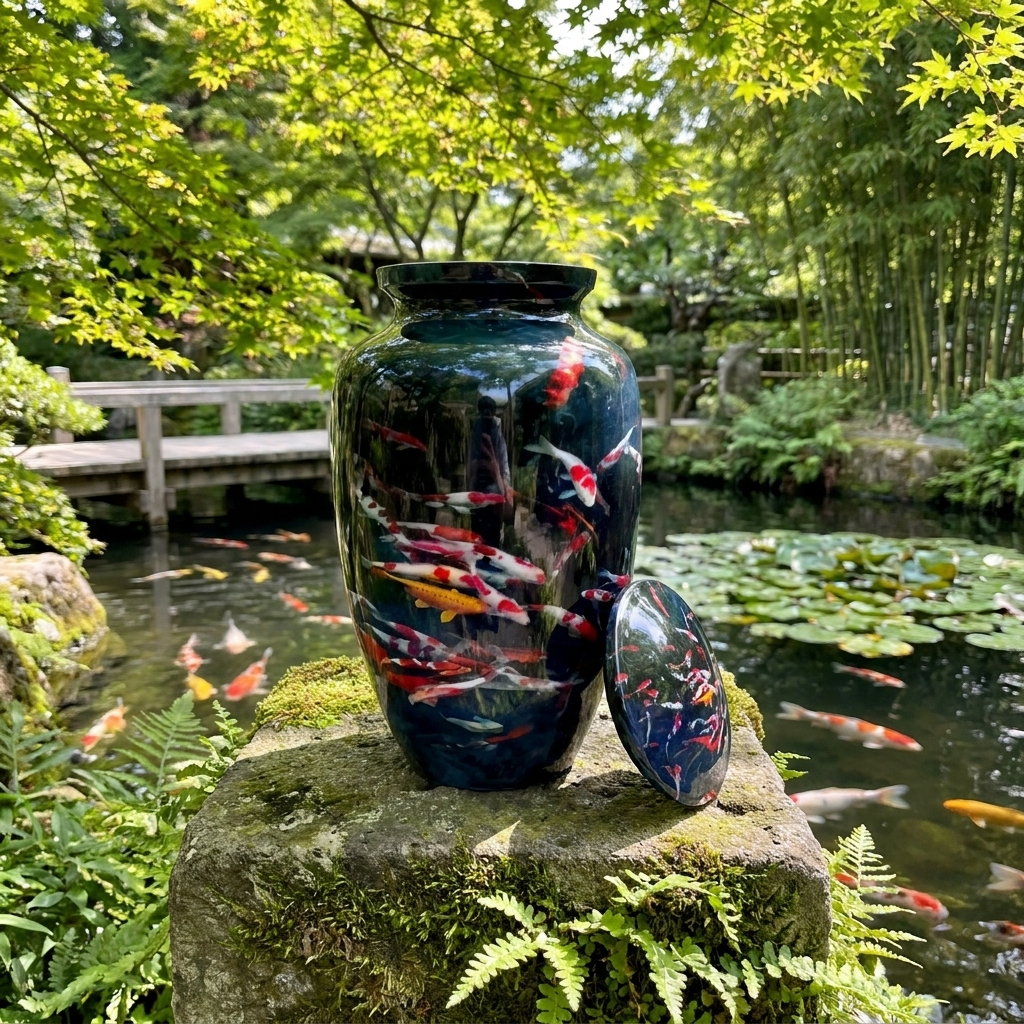 Adult Cremation Urn Koi Fish Design in Dark Gloss Finish (Product Code: NUKOIF)
