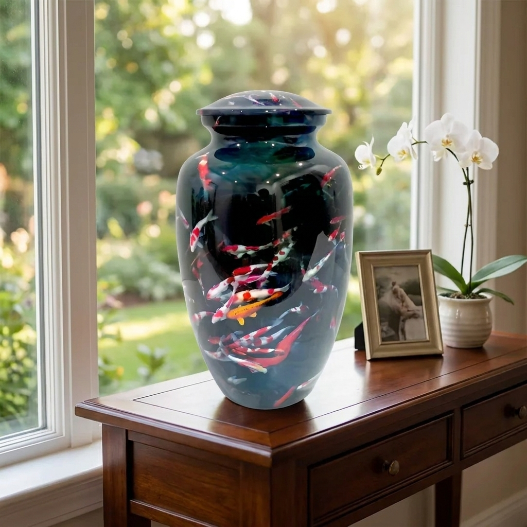 Adult Cremation Urn Koi Fish Design in Dark Gloss Finish (Product Code: NUKOIF)
