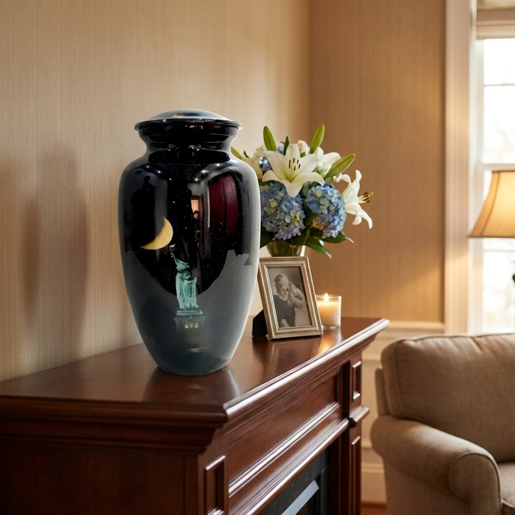 Adult Cremation Urn New York Skyline & Moonlight Design in Gloss Finish (Product Code: NUNSMSL)