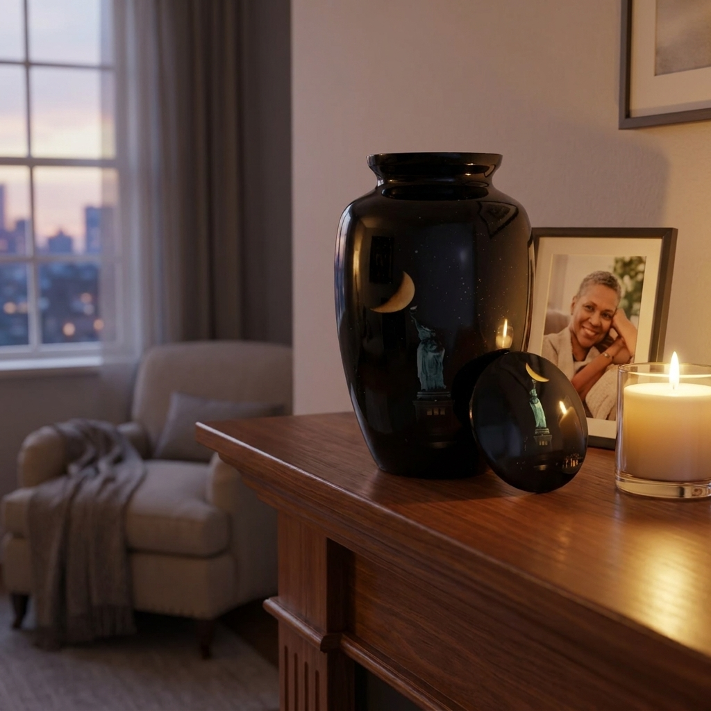 Adult Cremation Urn New York Skyline & Moonlight Design in Gloss Finish (Product Code: NUNSMSL)