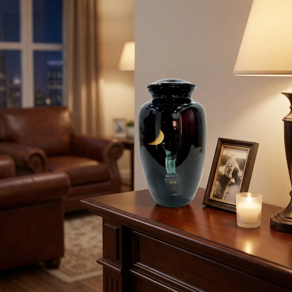Adult Cremation Urn New York Skyline & Moonlight Design in Gloss Finish (Product Code: NUNSMSL)