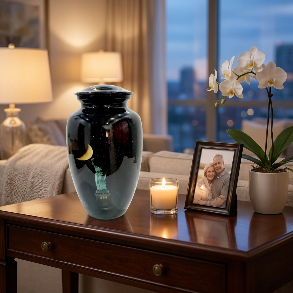 Adult Cremation Urn New York Skyline & Moonlight Design in Gloss Finish (Product Code: NUNSMSL)