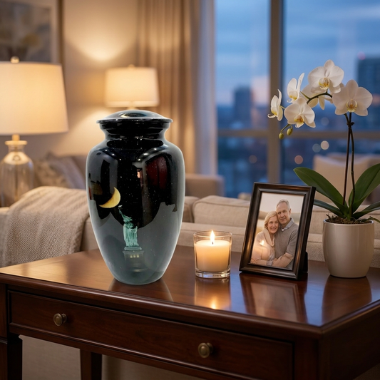 Adult Cremation Urn New York Skyline & Moonlight Design in Gloss Finish (Product Code: NUNSMSL)