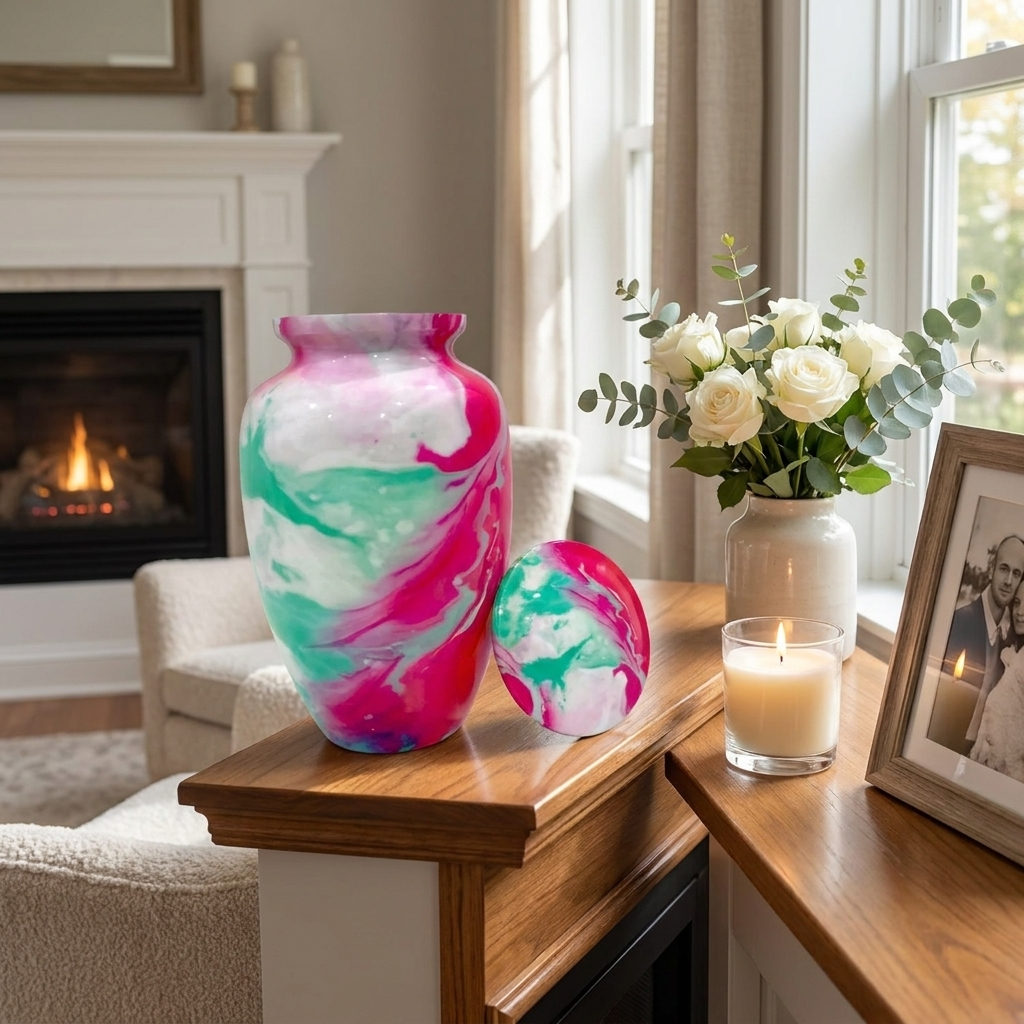 Adult Cremation Urn Pink & Teal Swirl Abstract Design Gloss Aluminum Finish (Product Code NUACT)