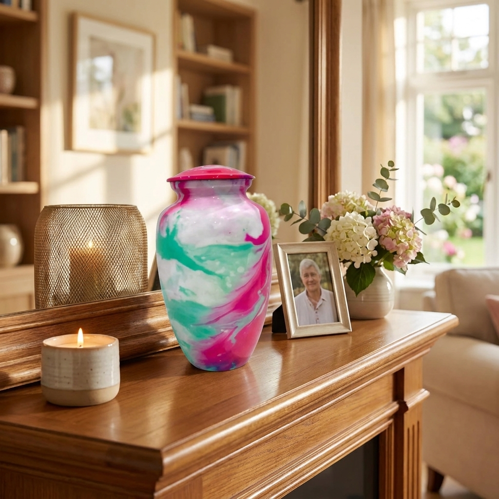 Adult Cremation Urn Pink & Teal Swirl Abstract Design Gloss Aluminum Finish (Product Code NUACT)