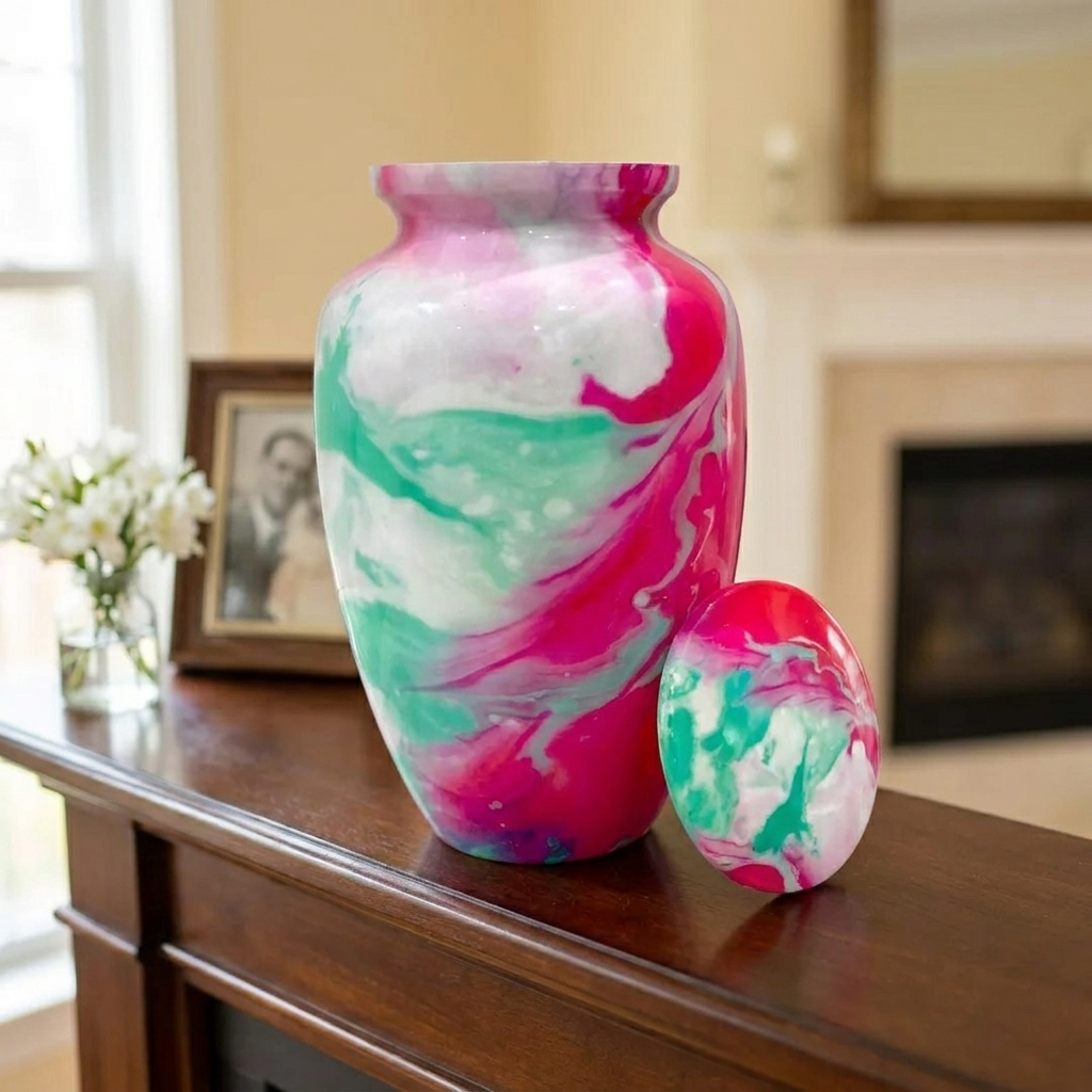 Adult Cremation Urn Pink & Teal Swirl Abstract Design Gloss Aluminum Finish (Product Code NUACT)