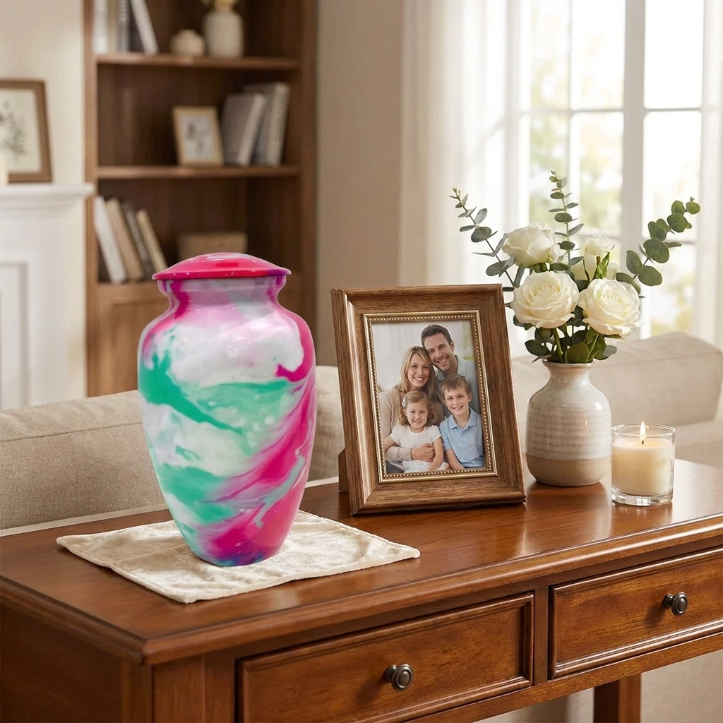 Adult Cremation Urn Pink & Teal Swirl Abstract Design Gloss Aluminum Finish (Product Code NUACT)