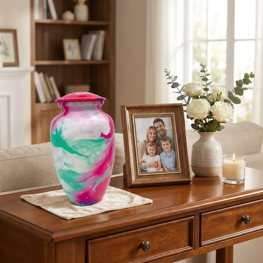 Adult Cremation Urn Pink & Teal Swirl Abstract Design Gloss Aluminum Finish (Product Code NUACT)