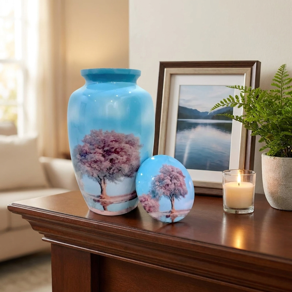 Adult Cremation Urn Pink Blossom Tree Design in Gloss Sky Blue Finish (Product Code: NUSOTBS)