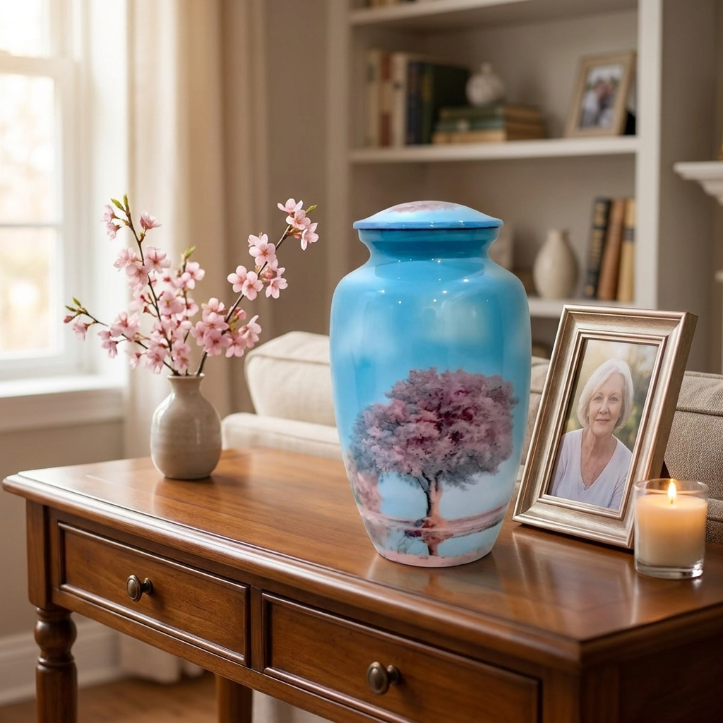 Adult Cremation Urn Pink Blossom Tree Design in Gloss Sky Blue Finish (Product Code: NUSOTBS)