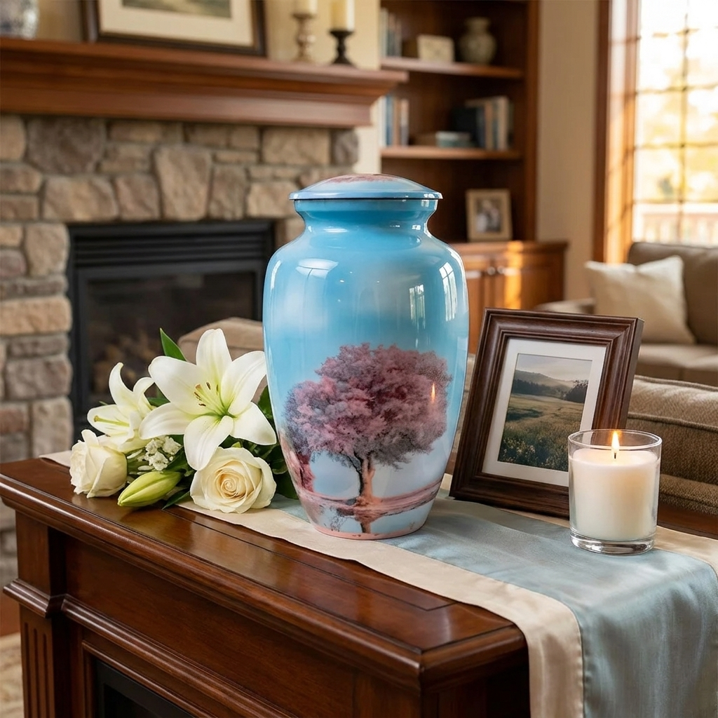 Adult Cremation Urn Pink Blossom Tree Design in Gloss Sky Blue Finish (Product Code: NUSOTBS)