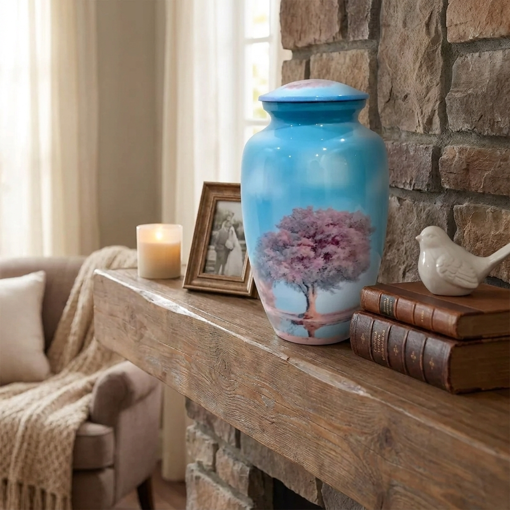 Adult Cremation Urn Pink Blossom Tree Design in Gloss Sky Blue Finish (Product Code: NUSOTBS)