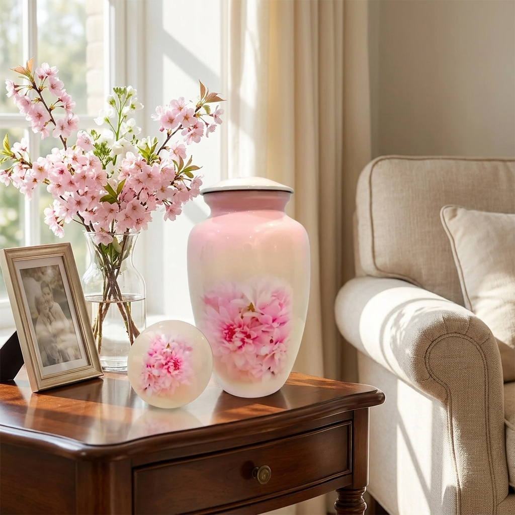 Adult Cremation Urn Pink Chrysanthemum Flower Design in Gloss Finish (Product Code: NUPTH)