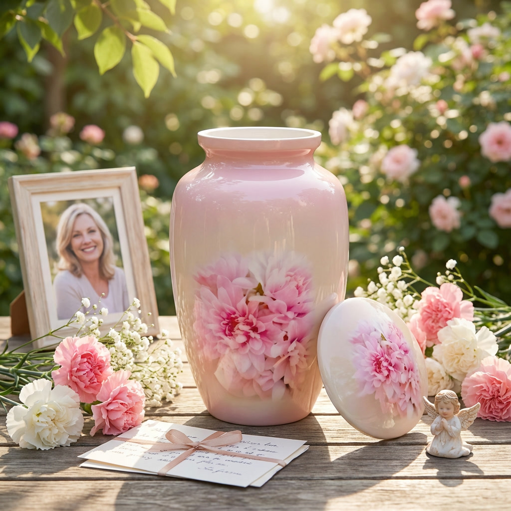 Adult Cremation Urn Pink Chrysanthemum Flower Design in Gloss Finish (Product Code: NUPTH)