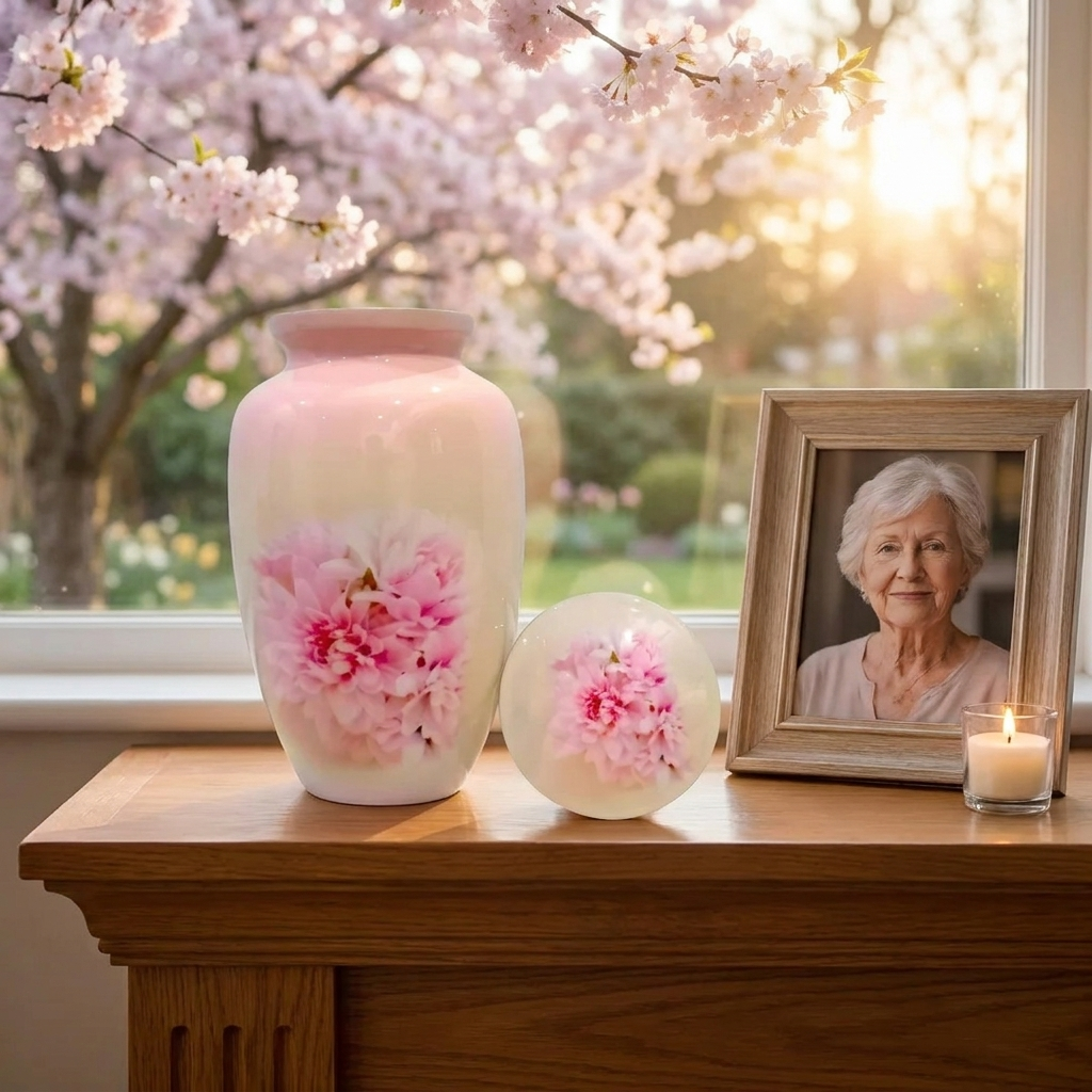 Adult Cremation Urn Pink Chrysanthemum Flower Design in Gloss Finish (Product Code: NUPTH)