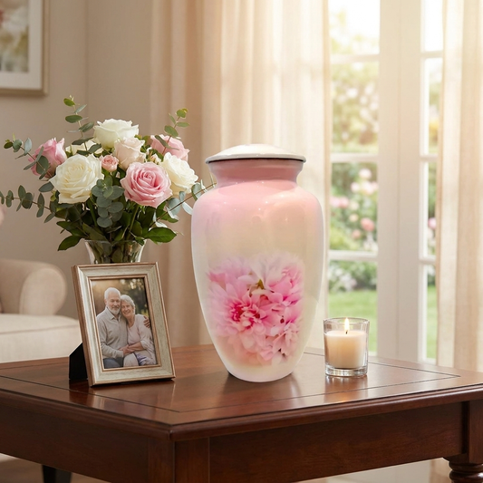 Adult Cremation Urn Pink Chrysanthemum Flower Design in Gloss Finish (Product Code: NUPTH)