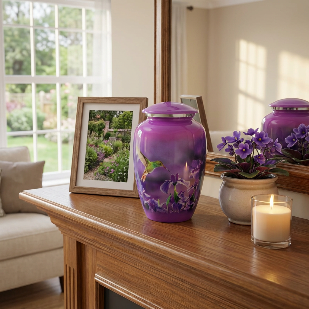 Adult Cremation Urn Pink Finish Hummingbird & Purple Floral Design & Velvet Bag (Product Code NUPNK-A)