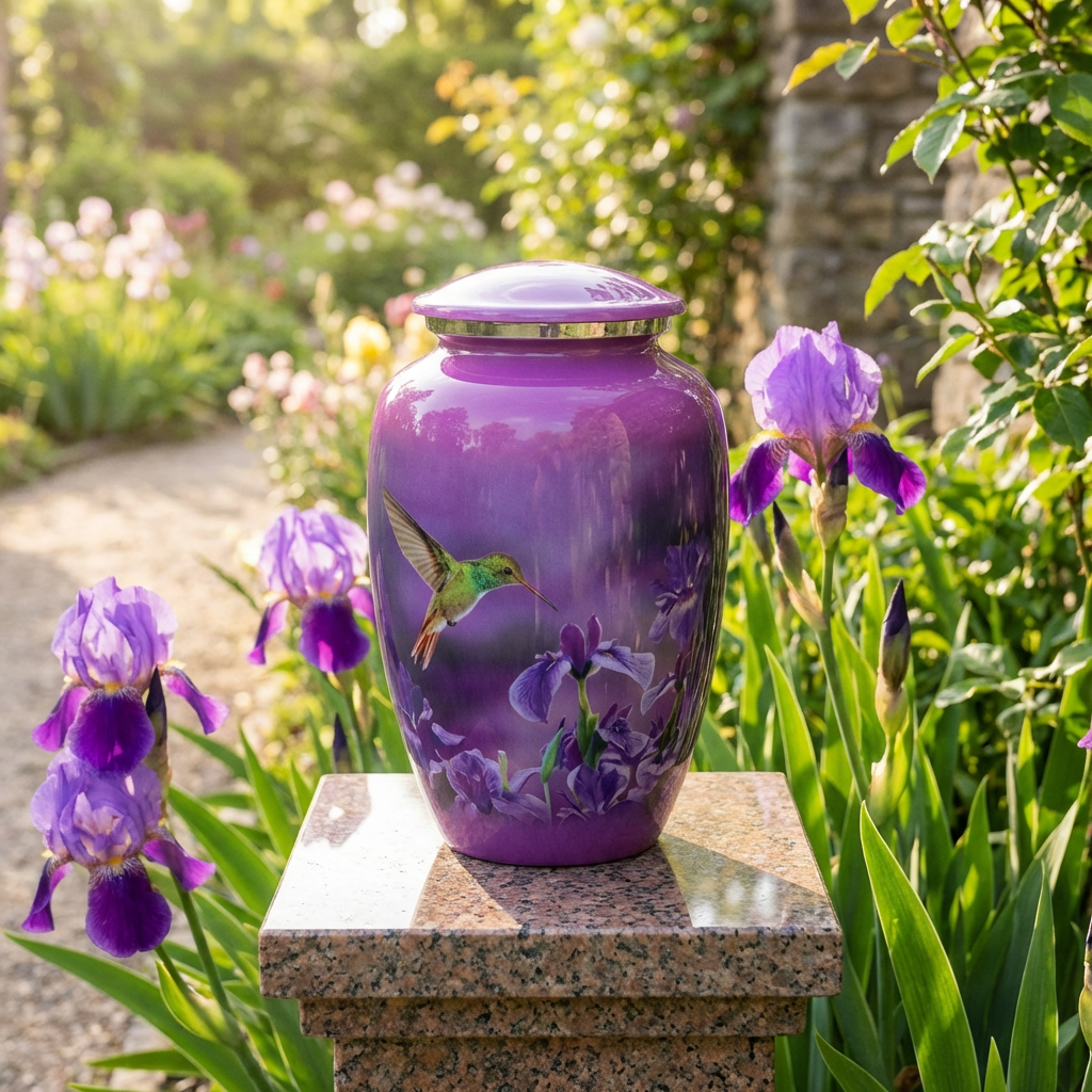 Adult Cremation Urn Pink Finish Hummingbird & Purple Floral Design & Velvet Bag (Product Code NUPNK-A)