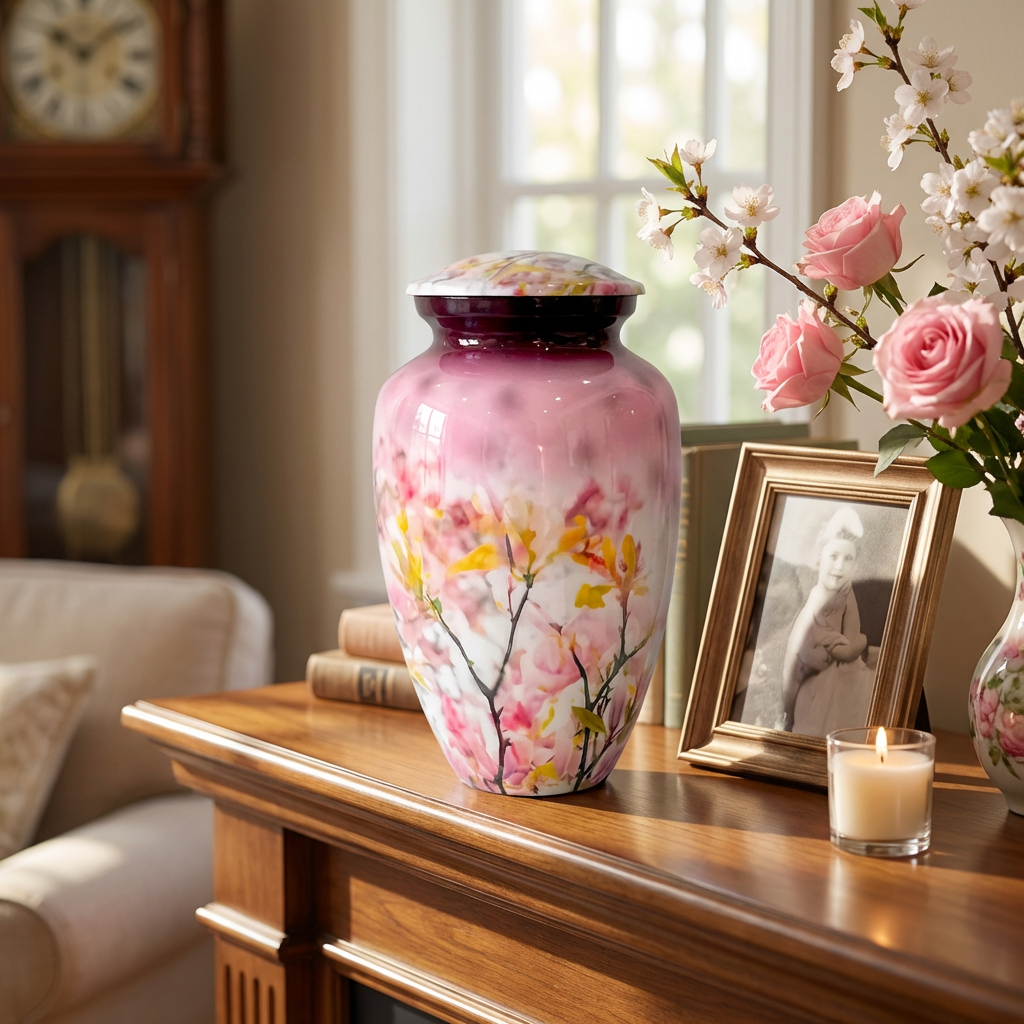 Adult Cremation Urn Pink Floral Blossom Design Gloss Aluminum Finish (Product Code NUFPB)