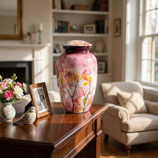 Adult Cremation Urn Pink Floral Blossom Design Gloss Aluminum Finish (Product Code NUFPB)