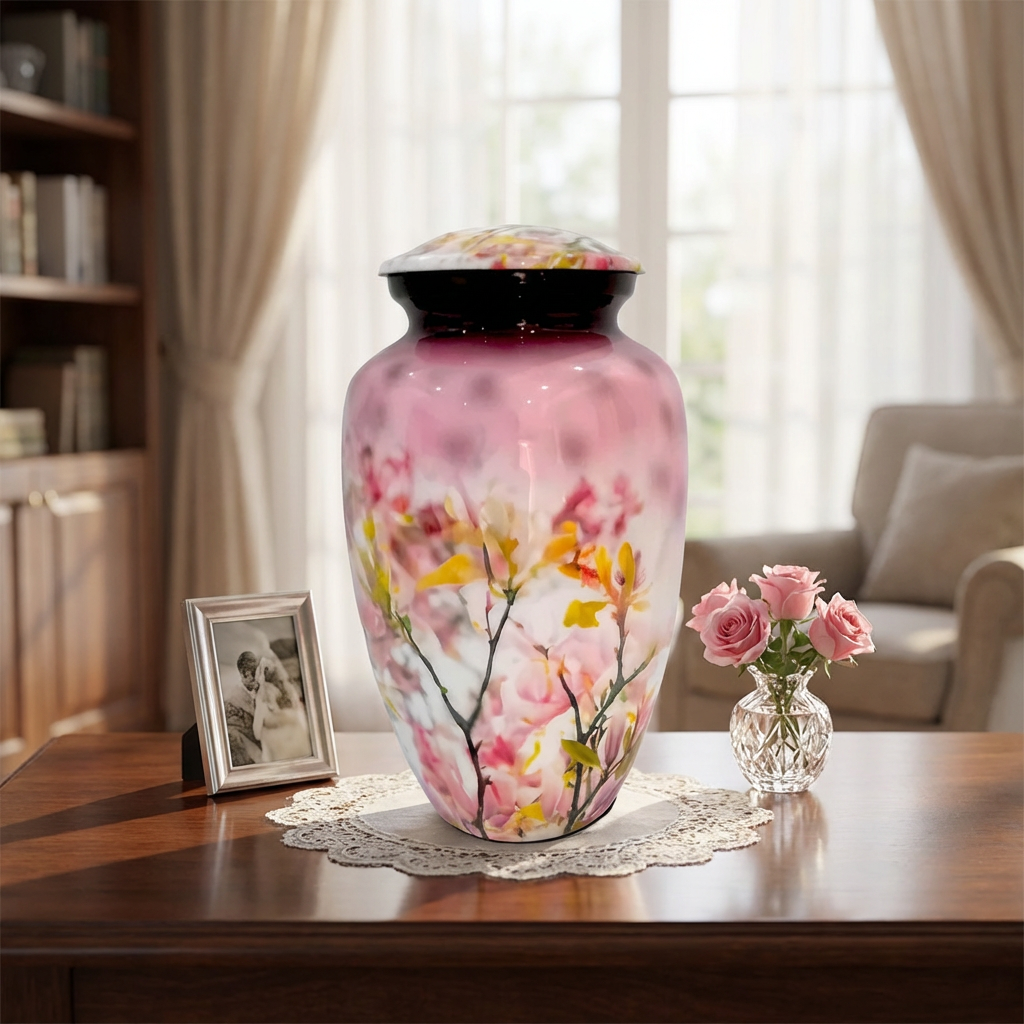 Adult Cremation Urn Pink Floral Blossom Design Gloss Aluminum Finish (Product Code NUFPB)