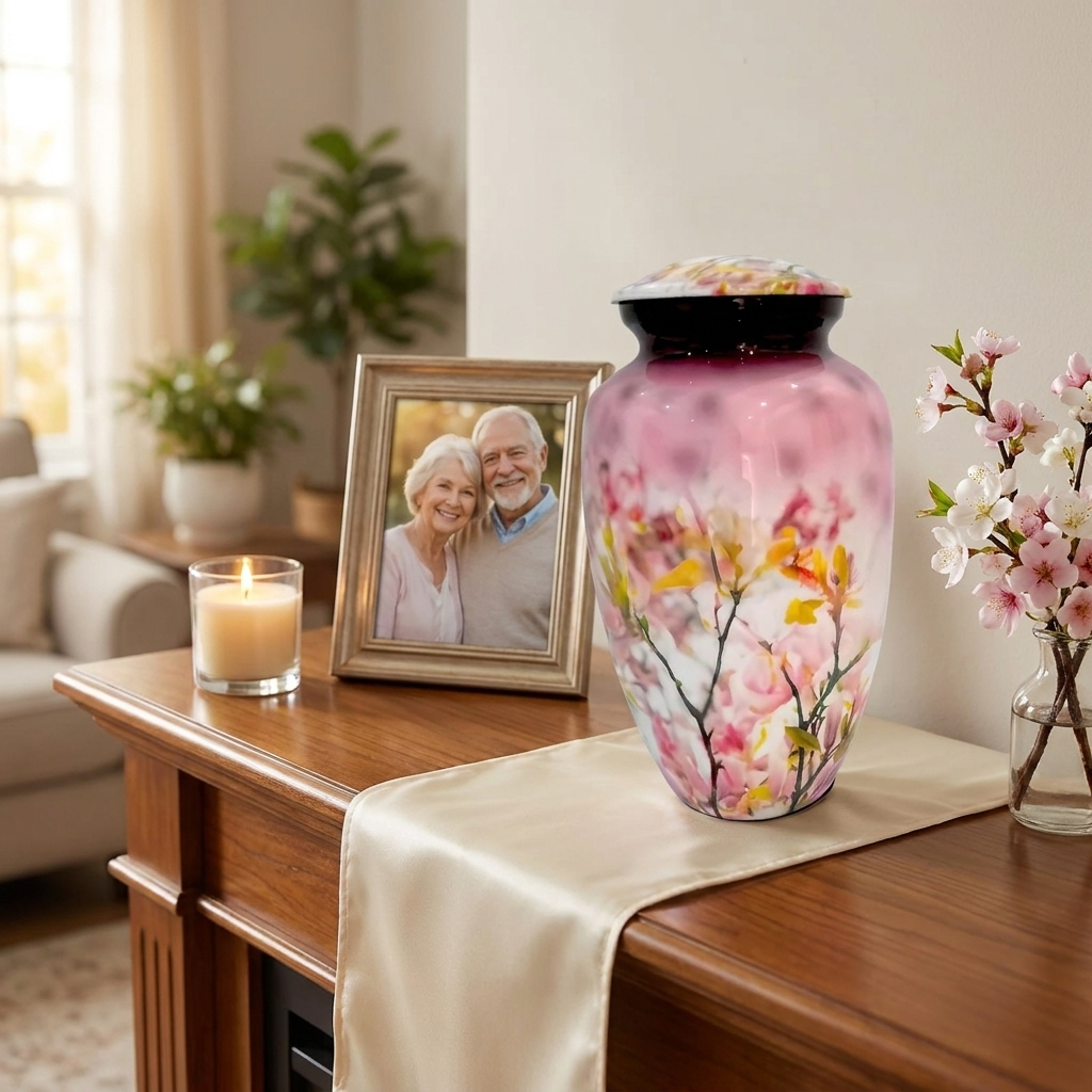 Adult Cremation Urn Pink Floral Blossom Design Gloss Aluminum Finish (Product Code NUFPB)