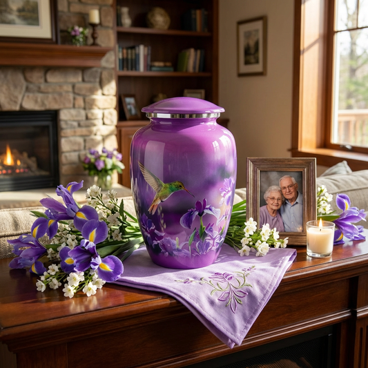 Adult Cremation Urn Pink Finish Hummingbird & Purple Floral Design & Velvet Bag (Product Code NUPNK-A)