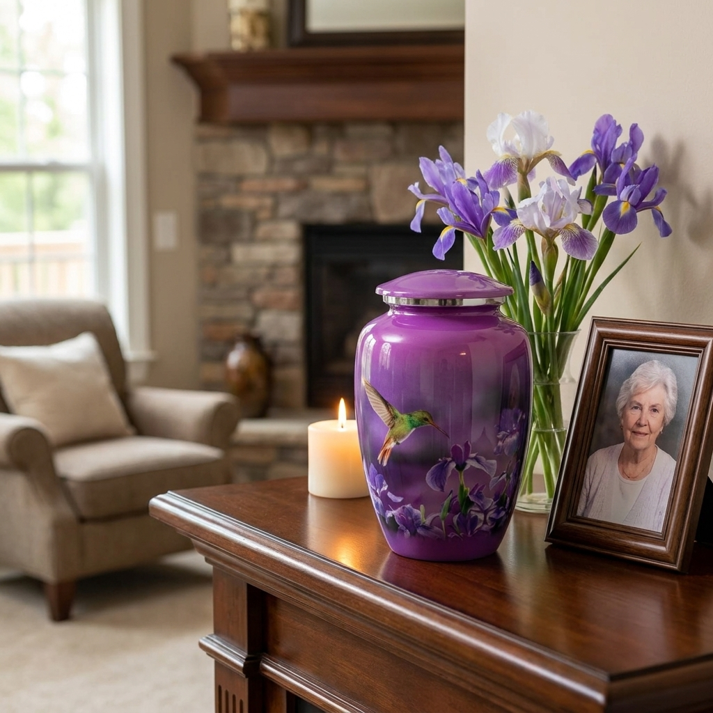Adult Cremation Urn Pink Finish Hummingbird & Purple Floral Design & Velvet Bag (Product Code NUPNK-A)