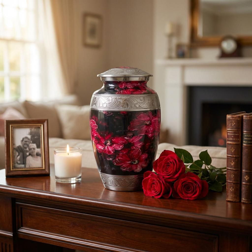 Adult Cremation Urn Pink Flowers & Water Drops Design with velvet bag (Product Code NUPTE-A)