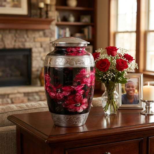 Adult Cremation Urn Pink Flowers & Water Drops Design with velvet bag (Product Code NUPTE-A)