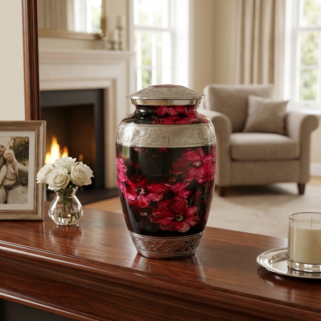 Adult Cremation Urn Pink Flowers & Water Drops Design with velvet bag (Product Code NUPTE-A)