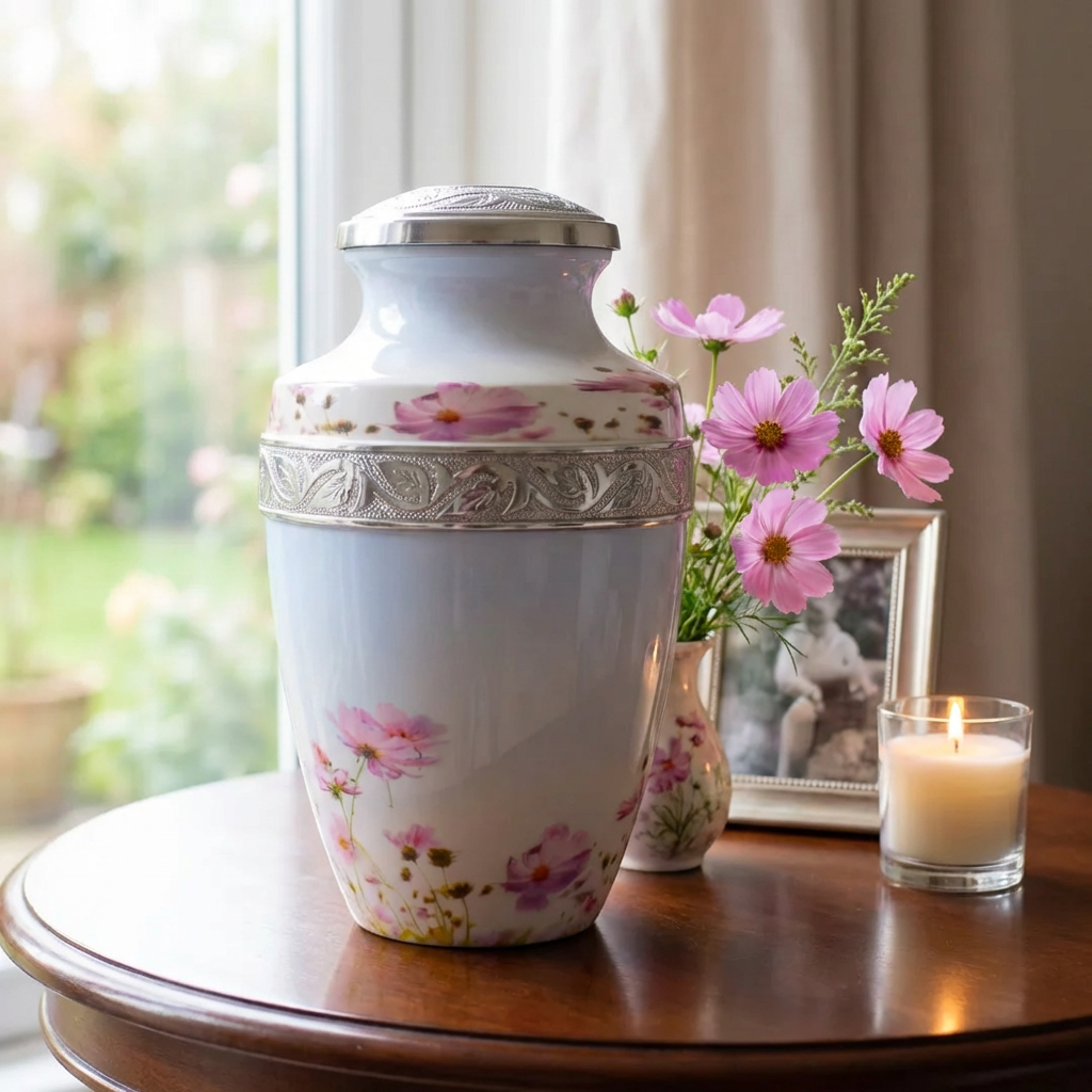 Adult Cremation Urn Pink Flowers Design with Velvet Bag (Product Code NUPTH-A)