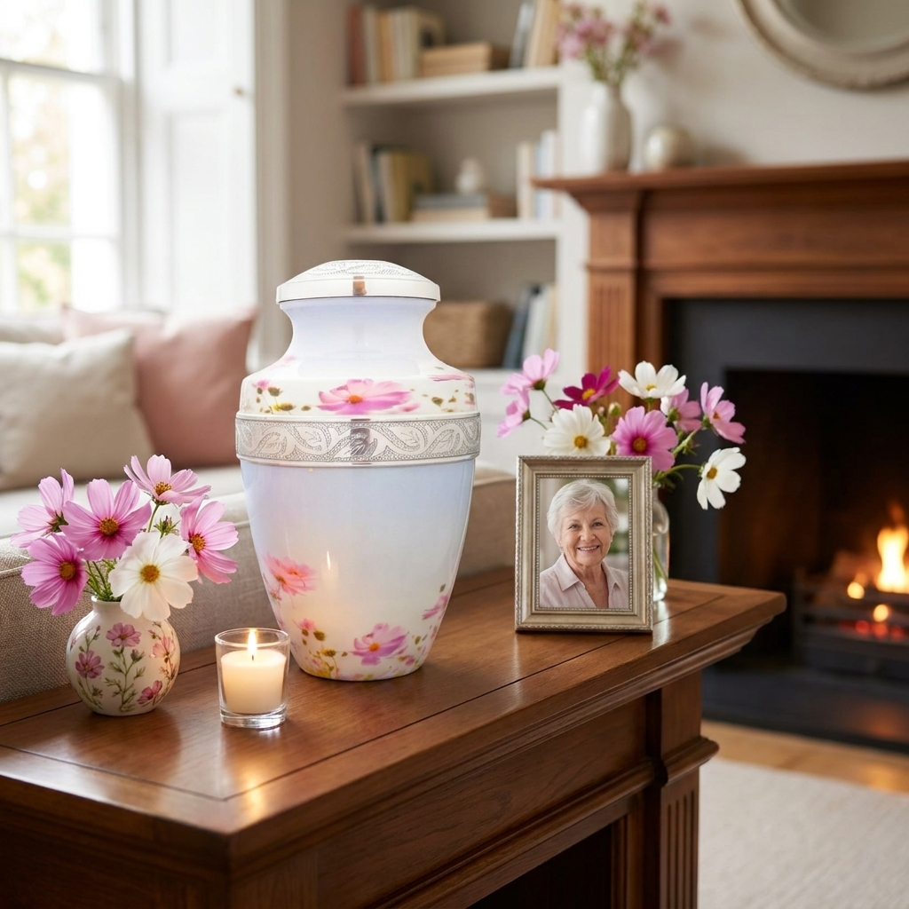 Adult Cremation Urn Pink Flowers Design with Velvet Bag (Product Code NUPTH-A)