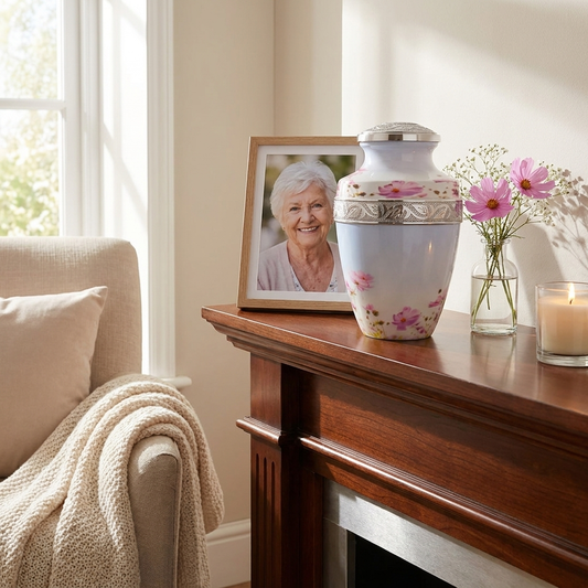 Adult Cremation Urn Pink Flowers Design with Velvet Bag (Product Code NUPTH-A)