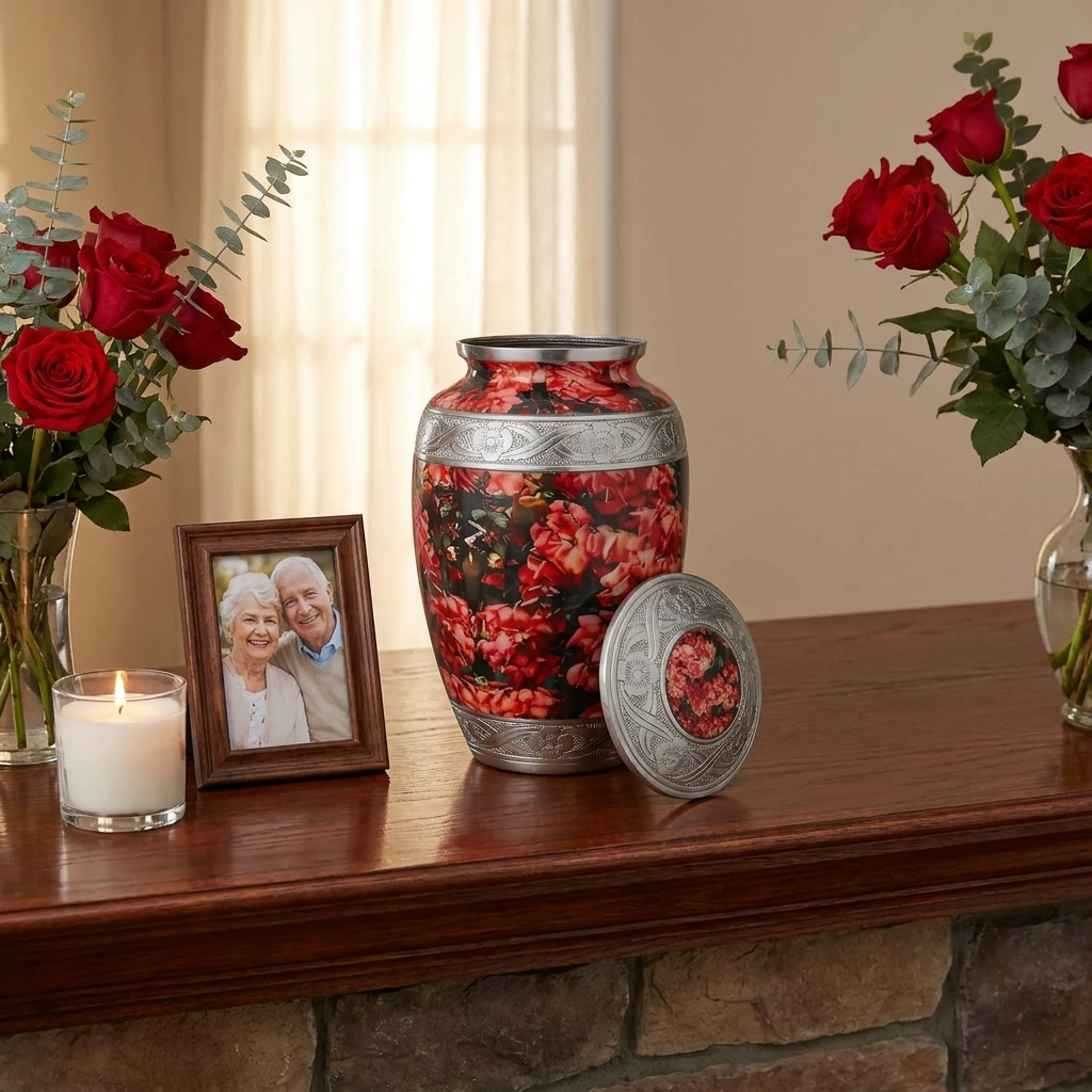 Adult Cremation Urn Pink Petaled Flowers Design with velvet bag (Product Code NUPFO-A)