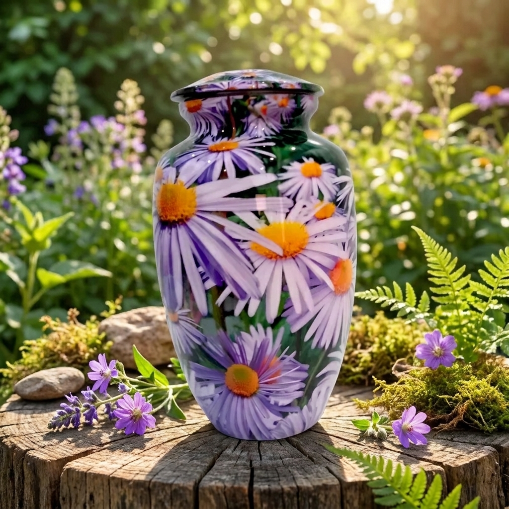 Adult Cremation Urn Purple Daisy Floral Design (Product Code: NUPS)