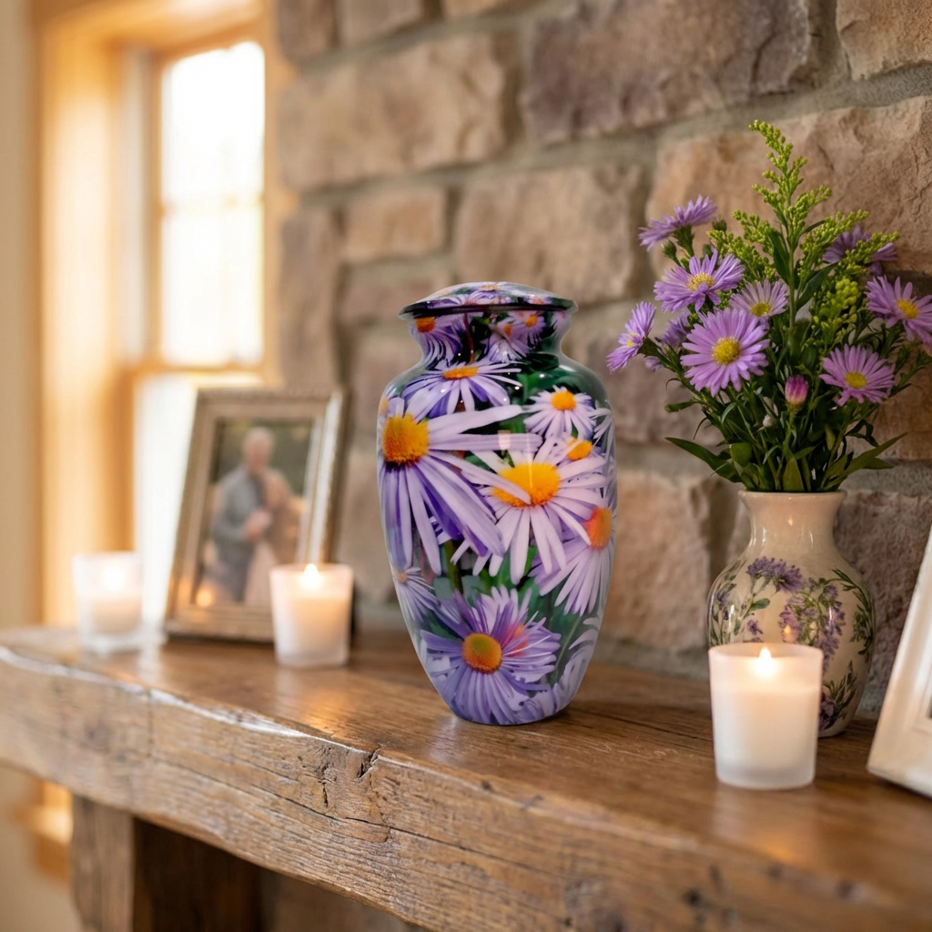 Adult Cremation Urn Purple Daisy Floral Design (Product Code: NUPS)