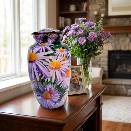 Adult Cremation Urn Purple Daisy Floral Design (Product Code: NUPS)