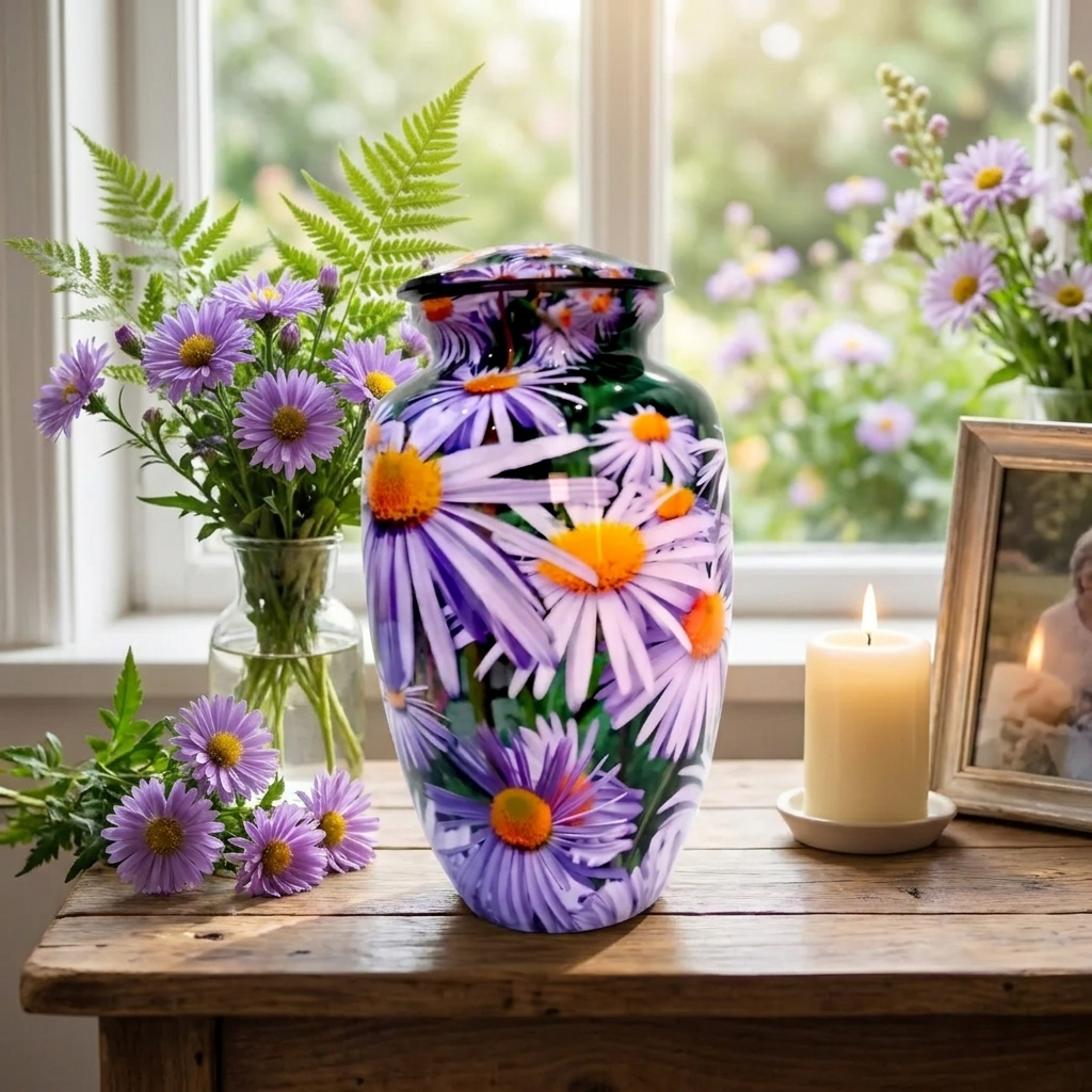 Adult Cremation Urn Purple Daisy Floral Design (Product Code: NUPS)