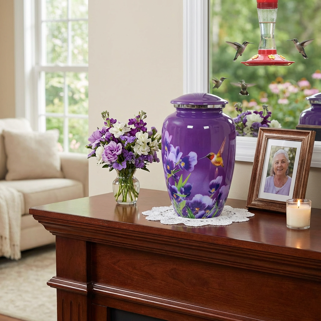 Adult Cremation Urn Purple Finish Hummingbird and Floral Design & Velvet Bag (Product Code NUPUR-A)