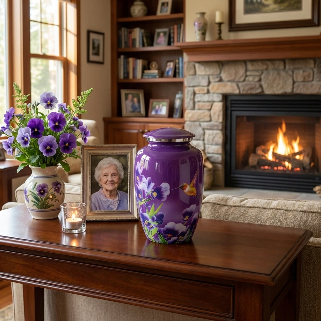 Adult Cremation Urn Purple Finish Hummingbird and Floral Design & Velvet Bag (Product Code NUPUR-A)