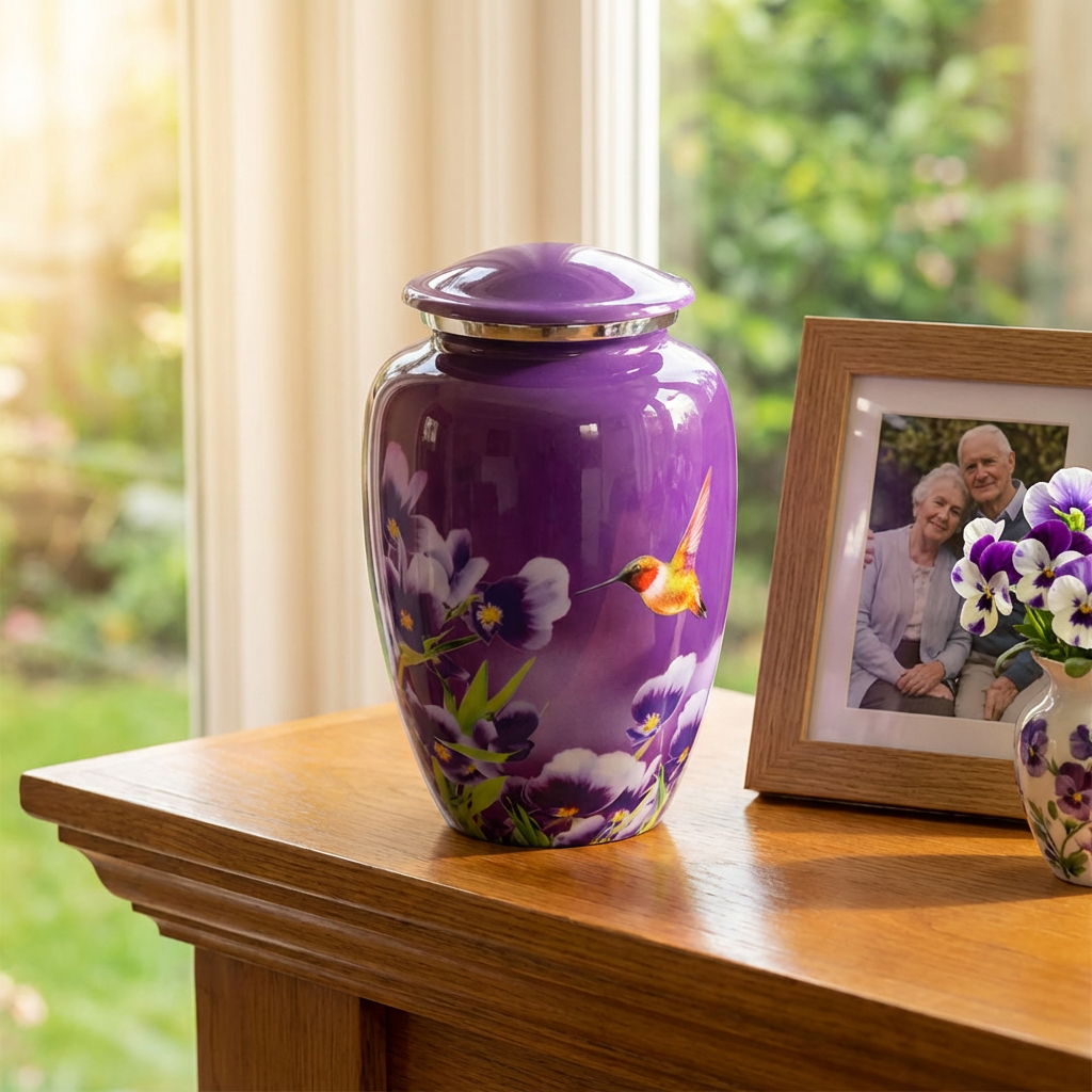 Adult Cremation Urn Purple Finish Hummingbird and Floral Design & Velvet Bag (Product Code NUPUR-A)