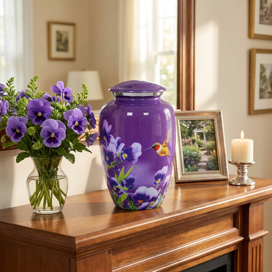 Adult Cremation Urn Purple Finish Hummingbird and Floral Design & Velvet Bag (Product Code NUPUR-A)