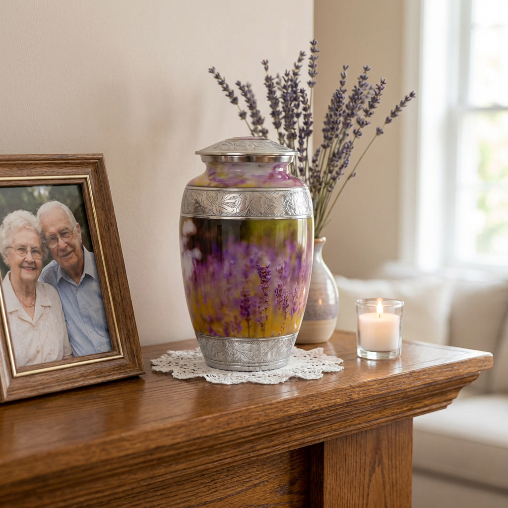 Adult Cremation Urn Purple Flower Design with Velvet Bag (Product Code: NUPSE-A)